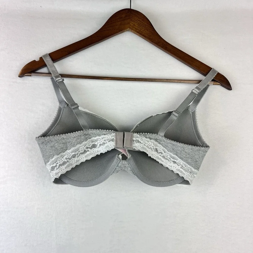 Victoria's Secret Plunge Gray & White Lace Trim Bow 34D